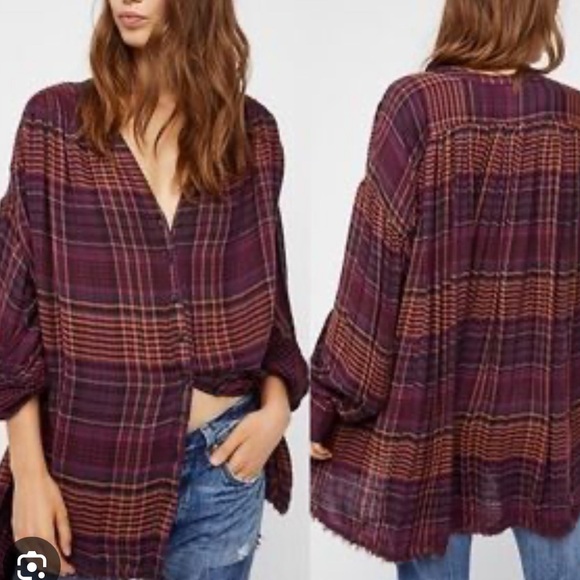 Free People Come On Over Burgundy and Gold Plaid Swing Flannel in EUC - Picture 1 of 5